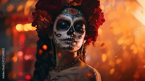 Woman With Skull Make Up and Flower in Her Hair, Day Of The Dead