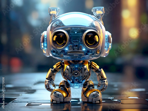 A tiny cute translucent polycarbonate robot in a stunning close-up shot