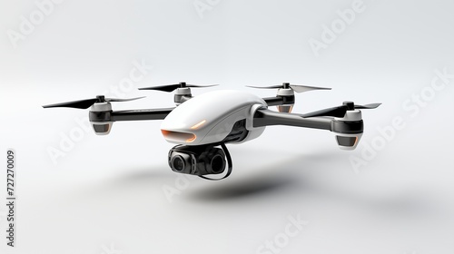 A sleek modern drone hovering alone on white symbolizing technological innovation