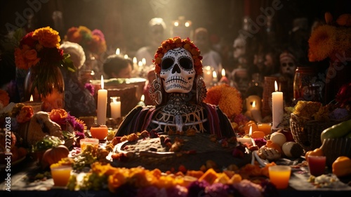 Skeleton Sitting in Front of Table With Candles, Diwali © Naqash