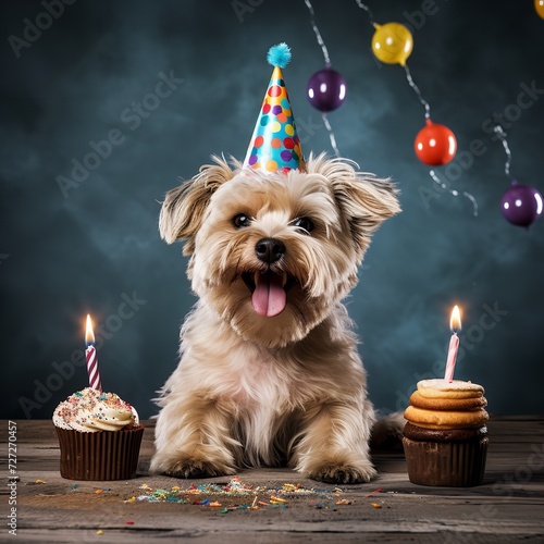 Dog Celebrating with Party Hat and Birthday Cupcake

