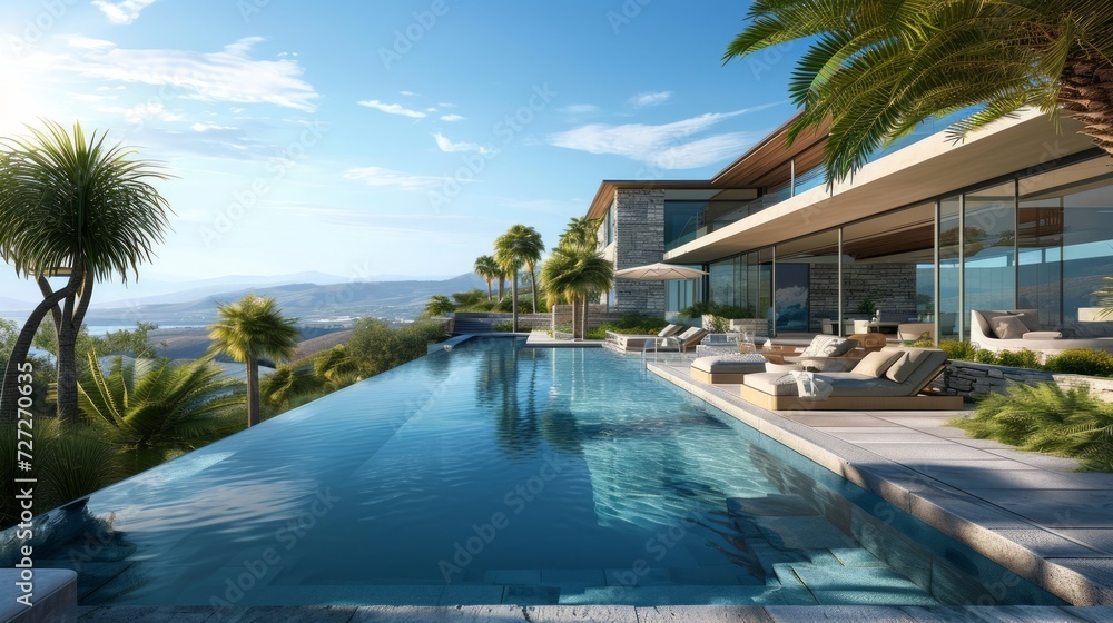 Courtyard pool with a contemporary mansion, vanishing edge, expansive view, luxurious setting, detailed and scenic illustration Generative AI