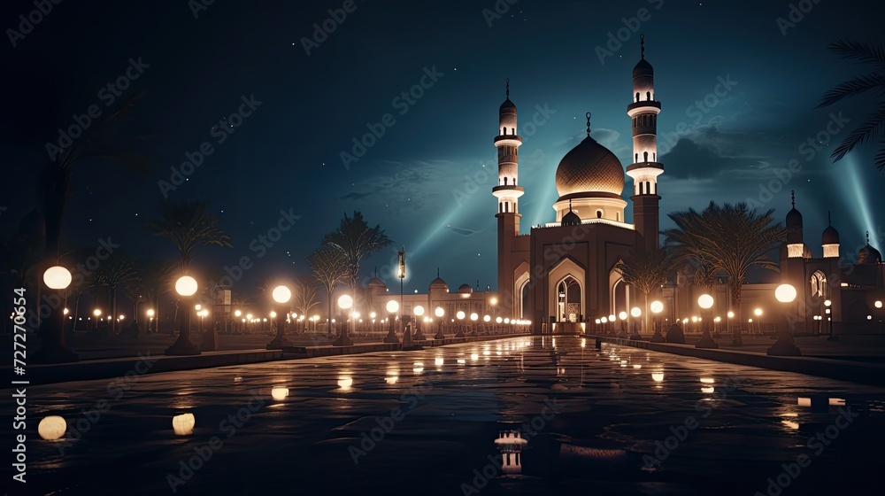 Night Scene With Full Moon and Mosque, Eid