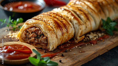 Juicy Sausage Roll with Sesame Seeds and Tomato Sauce