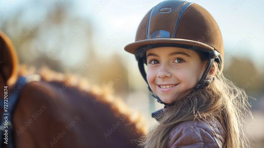 Young Girl Wearing Helmet Standing Next to Brown Horse Young Girl Wearing Helmet Standing Next to Brown Horse