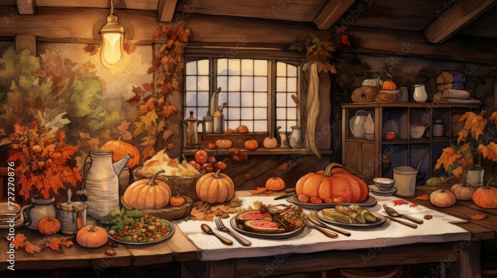 Detailed digital embellishments featuring a cozy cottage setting, atmospheric watercolor background, and loose linework depicting a Thanksgiving 