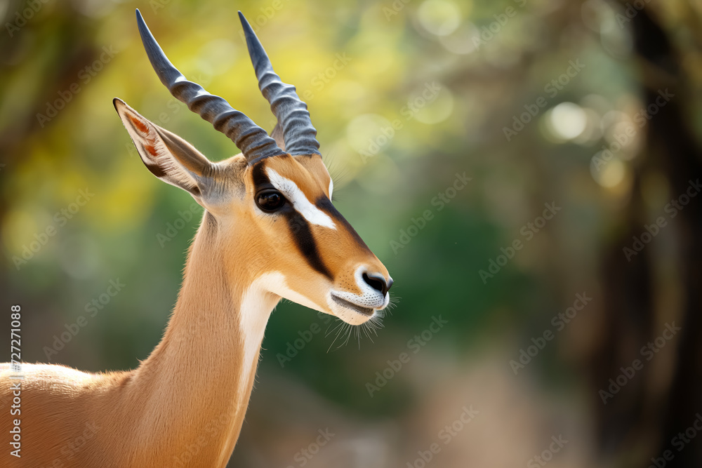 Naklejka premium A close-up of an antelope with sharp horns and striking markings, against a blurred green background.