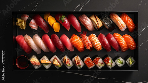 Illustration of Japanese food, exquisite presentation of sushi in the greatest Japanese restaurant. Beautiful lighting, delicious food, beautifully presented. Culinary art of Japan.
