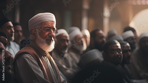 Group of Men Sitting Together in a Row, Socializing and Relaxing, Eid