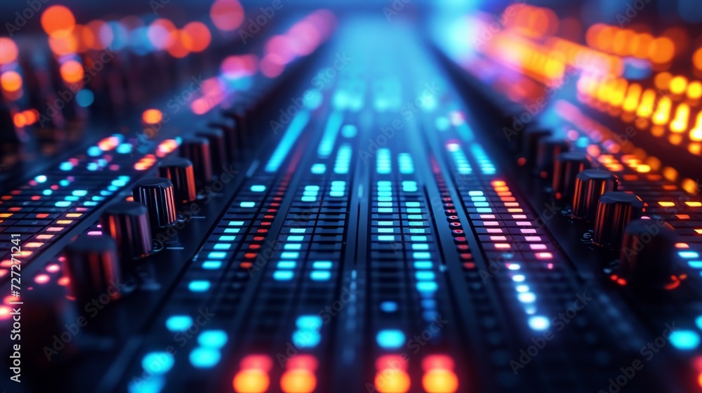 Digital equalizer panel with numerous glowing indicator lights pulsating in sync, creating a dynamic and vibrant audio visualization Generative AI