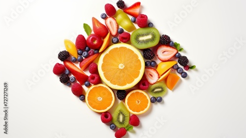 Fresh fruits arranged in a geometric pattern on a white background