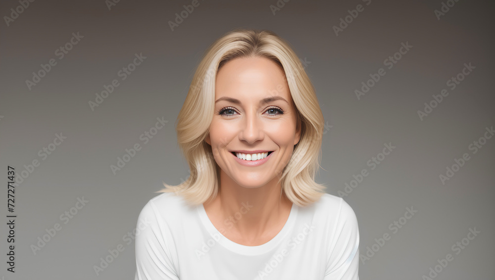 Portrait of attractive woman with blond hair . Empty background with copy space. Generative AI. Portrait of attractive woman with blond hair . Empty background with copy space. Generative AI.