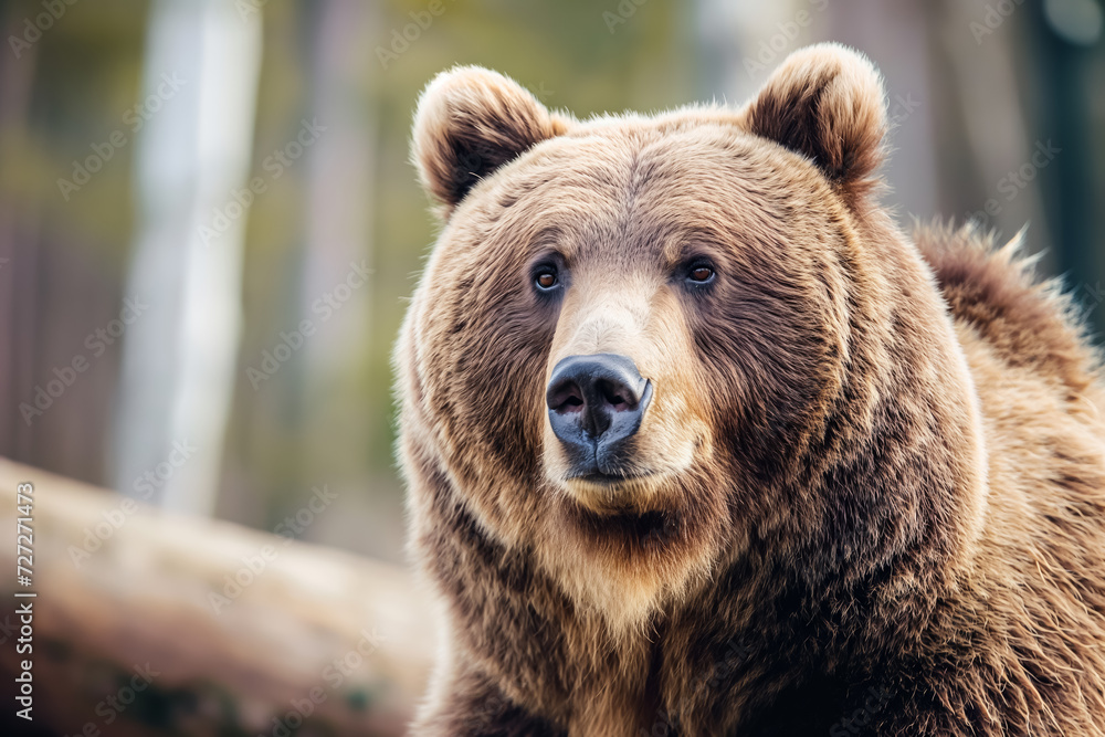 Close-up of a brown bear's face with focused eyes and a forest backdrop.