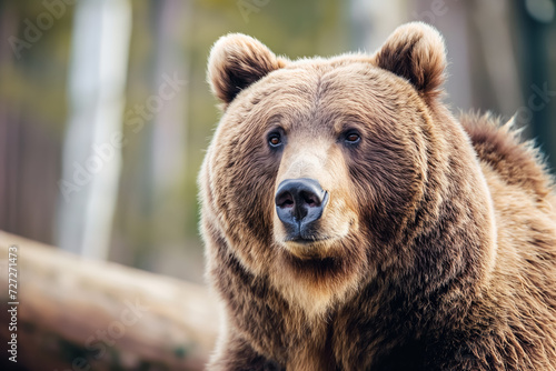 Close-up of a brown bear's face with focused eyes and a forest backdrop.
