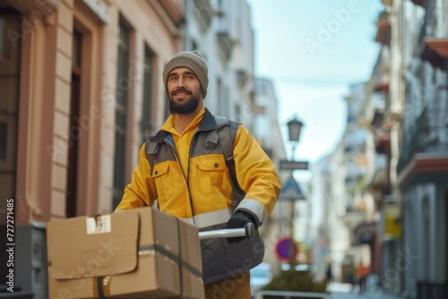 delivery worker man with dolly carries drinks box in city © darshika