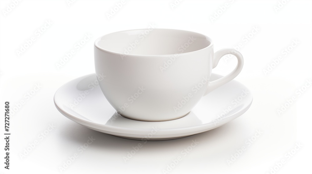 Showcase a single classic white porcelain teacup on a saucer. Accentuate the sophistication against a pure spotless white background Showcase a single classic white porcelain teacup on a saucer. Accentuate the sophistication against a pure spotless white background