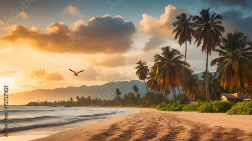 Seagulls and coconut trees with a view of a sandy tropical beach in the afternoon with a sunset sky. No people. AI Generative. Holiday concept. © Rizky Rahmat Hidayat