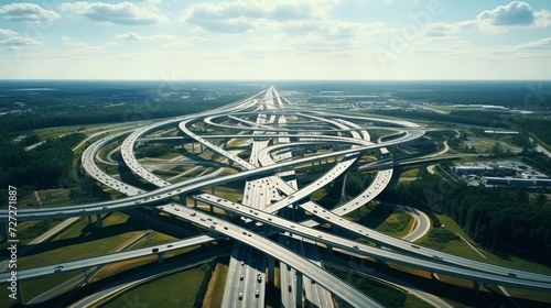 Drone footage illustrating a highway cloverstack interchange with its distinct looping ramps. Generative AI photo