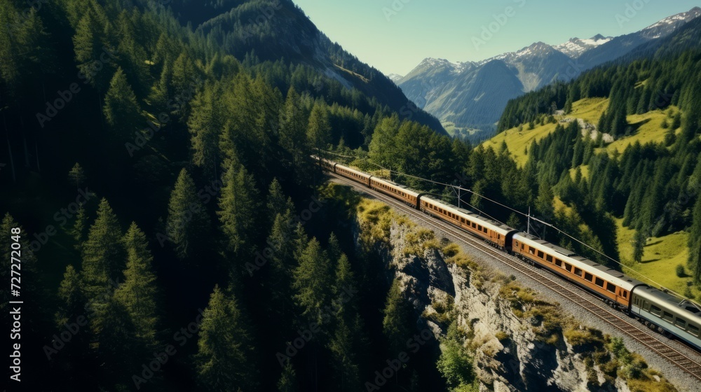 Drone footage revealing a train journey along a steep mountain slope, highlighting the train's path and elevation changes. Generative AI
