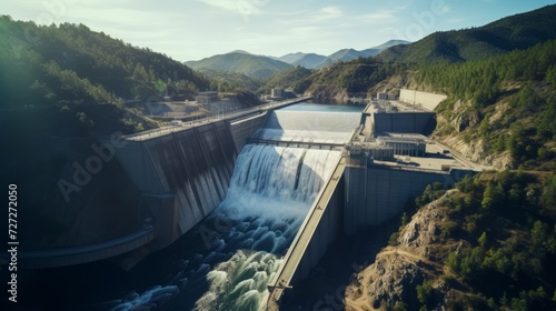 Drone shots of a dam or hydroelectric power plant, emphasizing the engineering marvel from an aerial viewpoint. Generative AI
