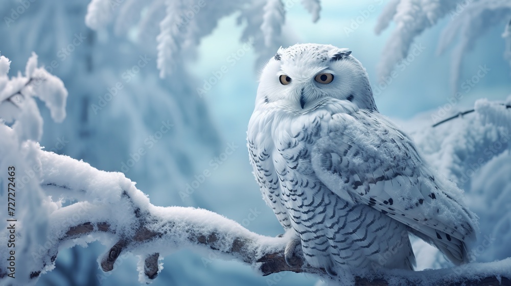 White Winter Owl Perched on a Tree Branch
White Winter Owl Perched on a Tree Branch