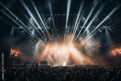 Crowded concert hall with an illuminated stage. Concept for live music events promotion or entertainment journalism.