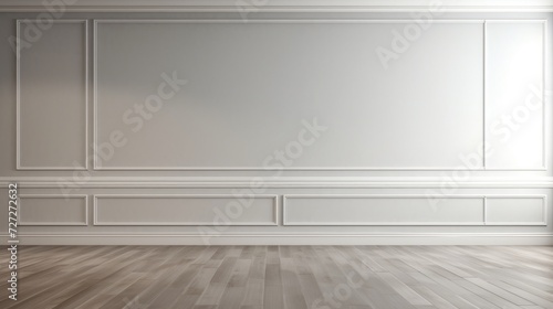 Empty room featuring a painted gray classic wall background, a glossy brown parquet floor, ample natural light, and copy space 
