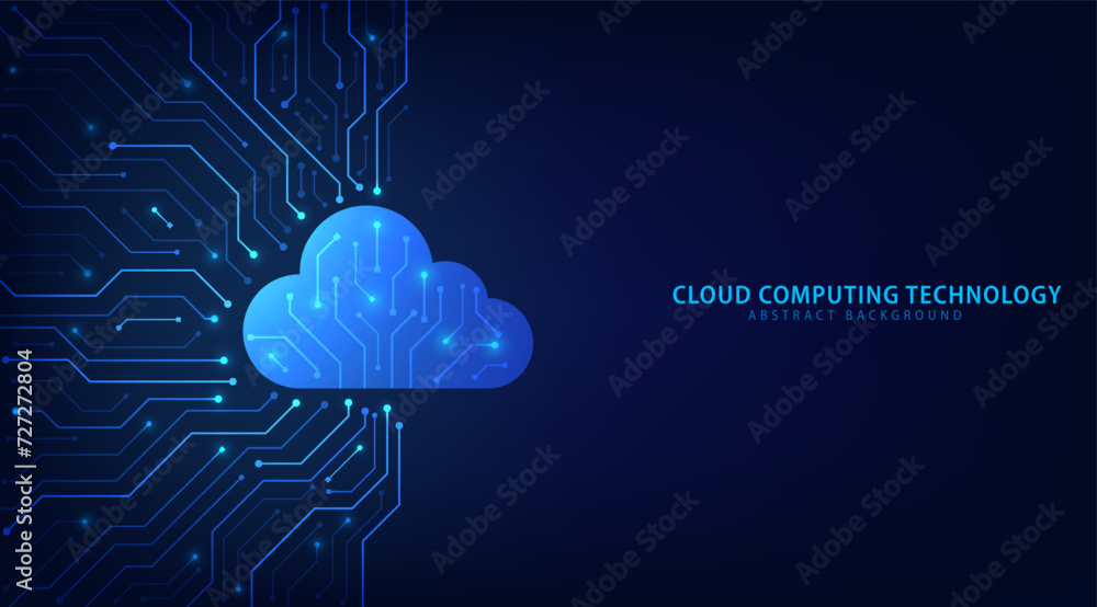 Cloud Computing technology Internet and cyber technology concept. Abstract cloud connection technology on a blue color background. Cloud Computing network with internet icons. Vector and Illustration. - obrazy, fototapety, plakaty 