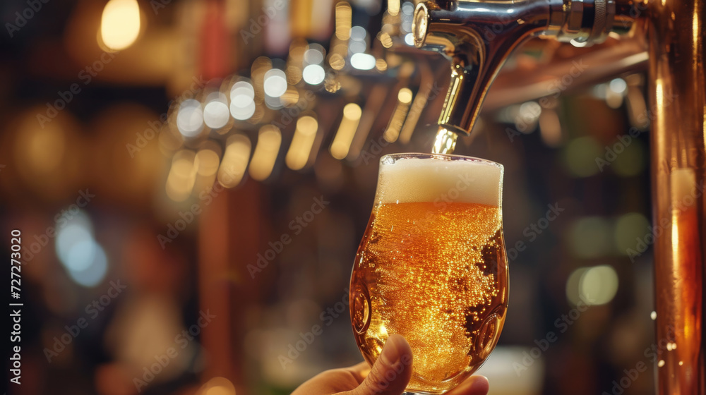 close-up shot captures a person's hand holding a freshly poured glass of beer with a tap system in the background - obrazy, fototapety, plakaty 