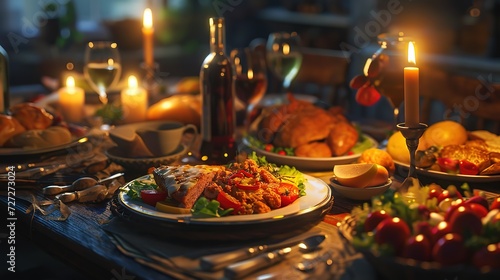 A warmly lit festive dinner table set with candles, wine, and a variety of dishes, creating an inviting holiday atmosphere.