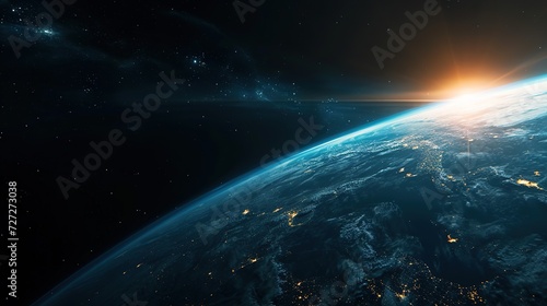 A breathtaking view of sunrise over Earth s horizon from space  with a glimpse of city lights under the night sky.
