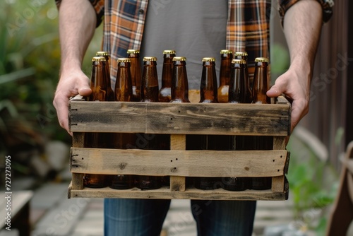A man holds a wooden box with beer bottles. © darshika