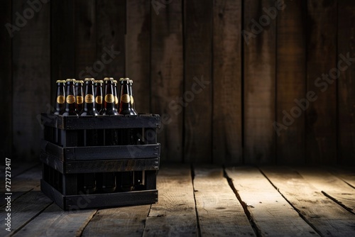 A black crate full of beer bottles standing in a spotlight on a wooden floor. © darshika