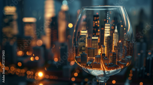 A city diorama inside a wine glass photo