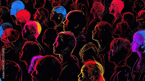 A compelling artwork displaying a dense crowd of silhouettes with neon outlines, emphasizing the beauty and diversity of humanity.