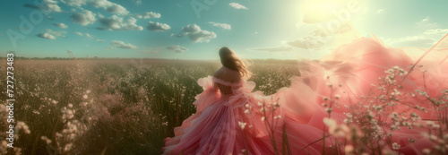 A girl in a romantic pink dress in a spring field of flowers