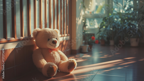 Teddy bear on the floor in living room photo