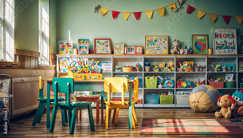 Interior of children's room with toys and chairs, toned classroom filled with toys, books, and colorful chairs photo