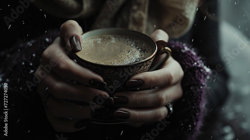 A person's hands with glossy dark nail polish cradling a hot, steamy beverage in a delicately patterned cup, evoking a sense of winter warmth. photo