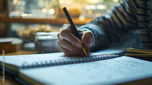 close-up of a person's hand writing on a paper with a pen, clipped to a clipboard, on a desk with a soft-focus background