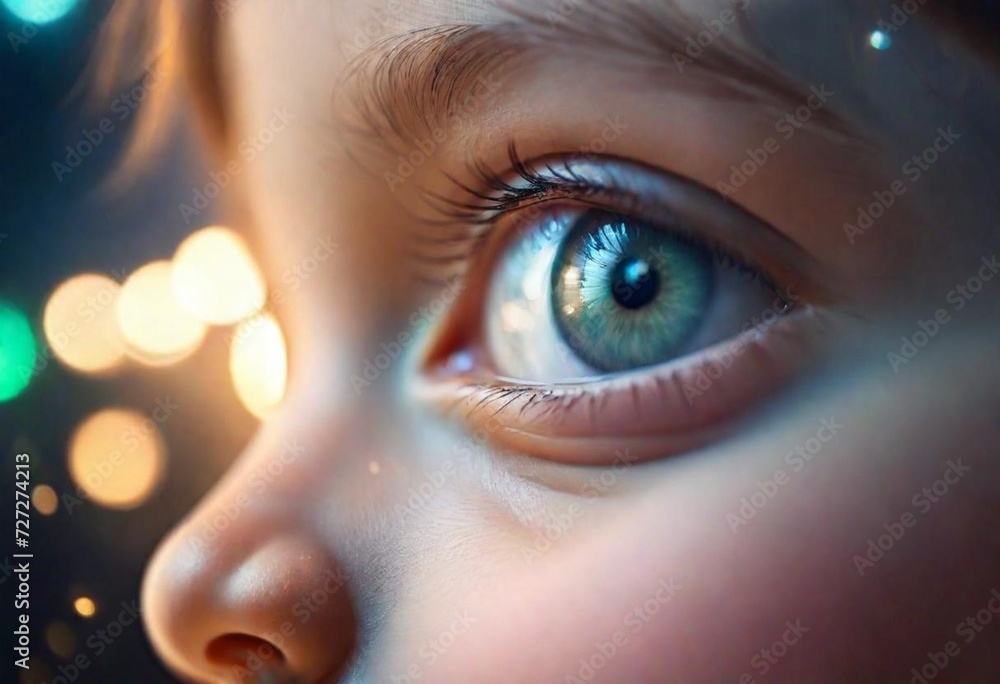 Close up focus on the eye of a child looking up in blurry lights effects, with hope and innocence