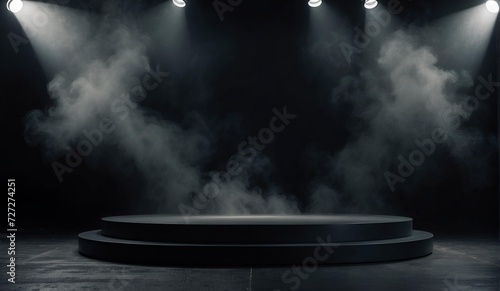 empty product display podium with spotlight in the studio . dark smoky background 
