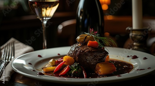 Delicately plated beef with a rich glaze, accompanied by fresh vegetables and paired with a glass of white wine in a sophisticated dining setting.