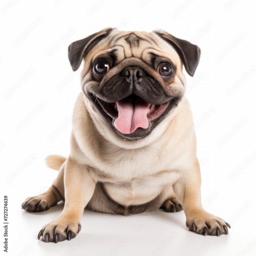 Gleeful Pug sitting on a white background, squishy face, excited expression Generative AI