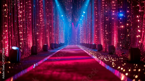 Glitzy red carpet event background, elegant stage setup, spotlights, and banners, perfect for celebrity interviews Generative AI