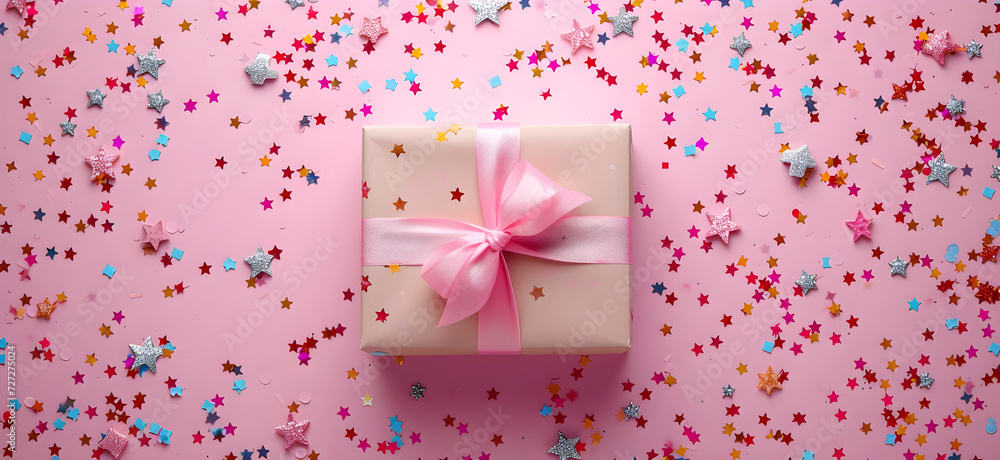 Gift or present box with stars confetti on pink table top view, flat lay composition for birthday, mother day or wedding.