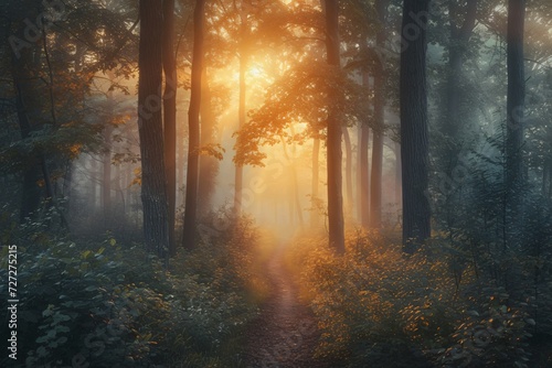 path through the woods magical fantasy forest at sunrise