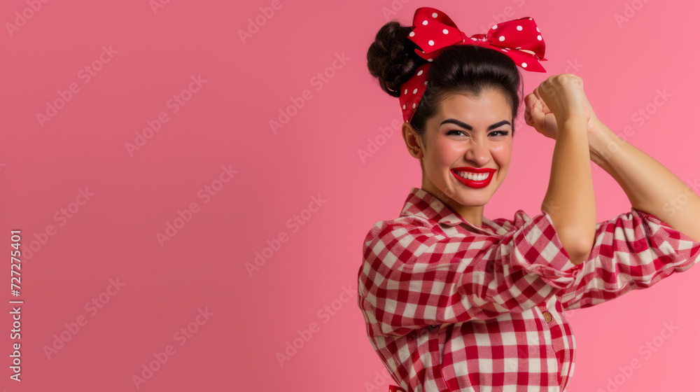 woman with a playful expression is winking and making a playful gesture with her hand like viewing through a telescope, wearing a red and white checkered shir woman with a playful expression is winking and making a playful gesture with her hand like viewing through a telescope, wearing a red and white checkered shir