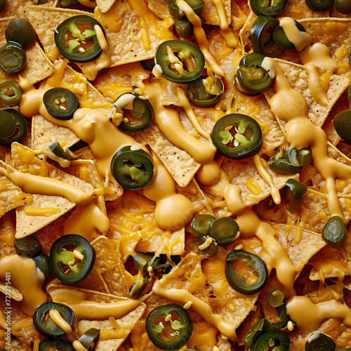 Close up of Cinema Food nachos with cheese and jalapeno in a full screen tile image that can be repeated infinitely 