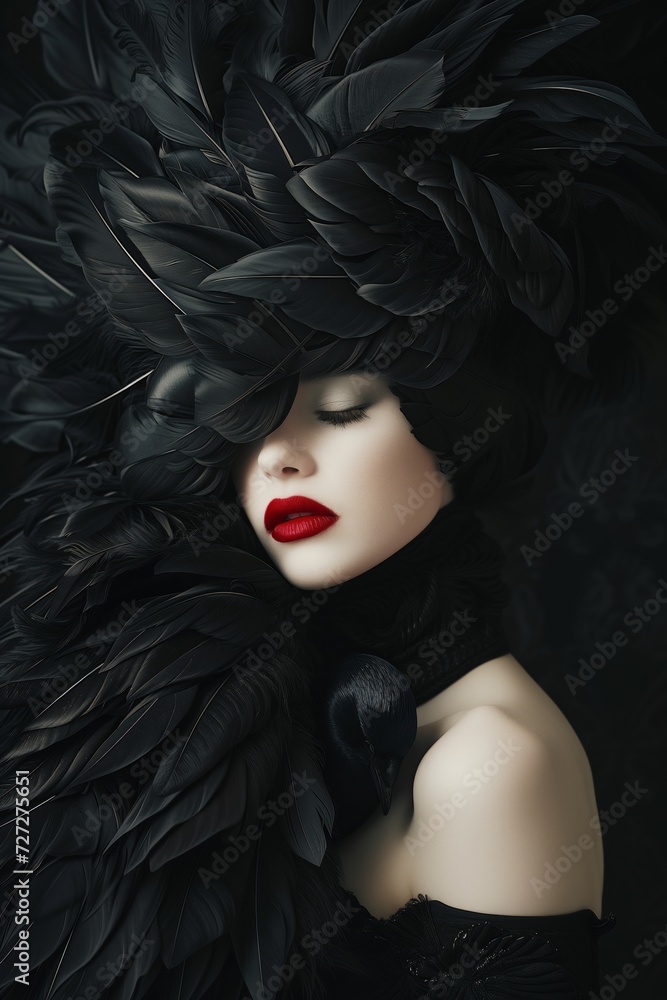 Elegant Portrait of Woman with Black Feather Headdress
